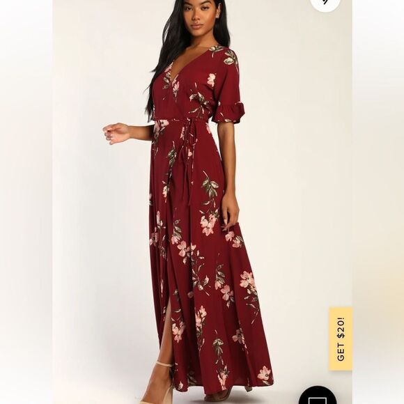 Lulus September Sunsets Burgundy Floral Print Wrap Maxi Dress Sz M NWT IN PKG - Picture 5 of 8